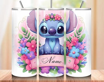 Envoltorio para vaso con diseño floral personalizado con puntadas y nombre personalizado con purpurina (descarga digital PNG, diseño delgado de sublimación de 20 oz)