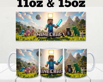 Taza de juego Pixel Block, diseño de sublimación para niños, descarga digital de 325 ml y 400 ml, regalo de cumpleaños para gamers, personaje de videojuego PNG