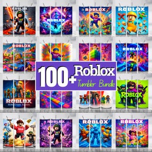 Puede incluir: Una colección de vasos con temática de Roblox con varios diseños. Los vasos presentan gráficos coloridos de personajes y logotipos de Roblox. El texto "100+ Roblox Tumbler Bundle" se muestra en el centro. Los vasos están colocados en estantes.