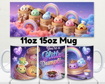 Dumpling Mug Wrap PNG,11oz Skinny Tumbler, Kawaii Dumpling Cup Design, Pastel Rainbow Glitter, Cute Food Sublimation, Glitter Dumplings