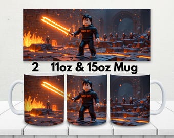 Paquete PNG de tazas de jugador de Block World / Diseño de personaje de espada ardiente / Plantilla de taza de café de sublimación de 11 oz y 15 oz / Taza estética para juegos