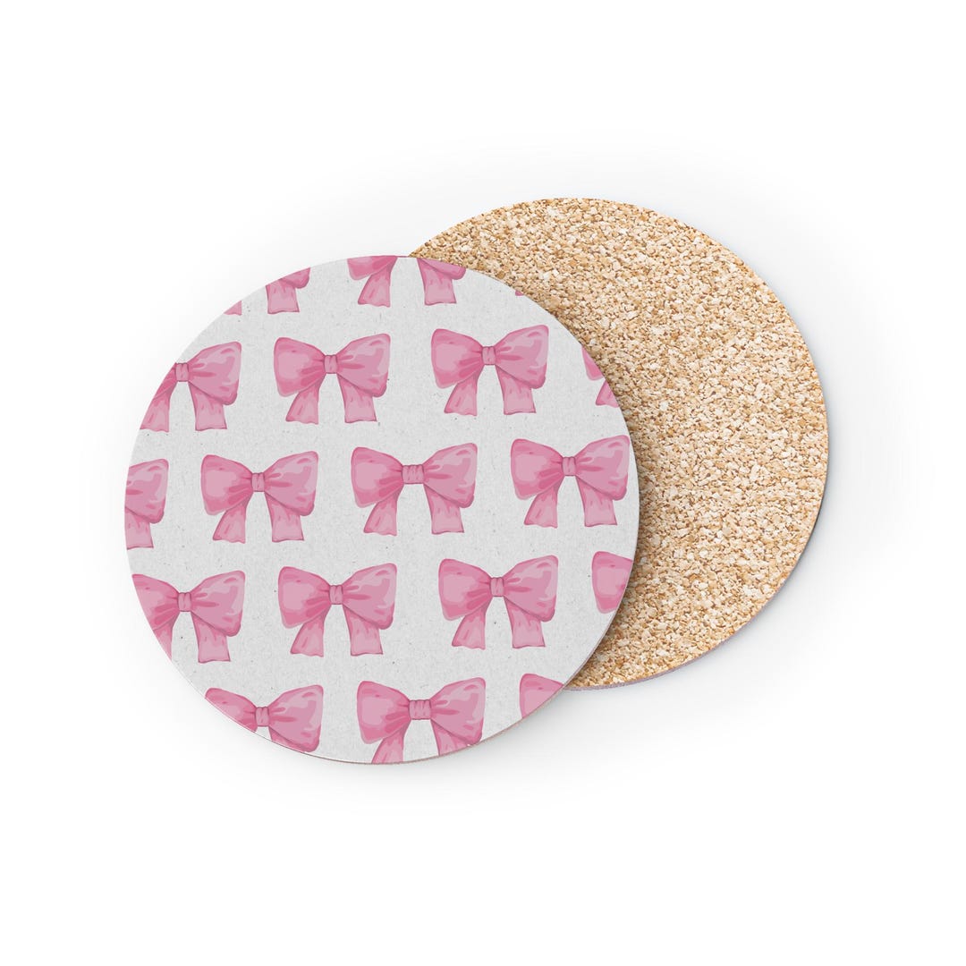 Pink Button Coaster Pink Watercolor Bow Coasters | Round Cork Drink Coaster Set - Etsy