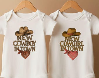 New Cowboy Cowgirl Baby Bodies, Western Twin Baby Outfit, New in Town Bodysuits, Country Baby Shower Gift, Boy Girl Matching Set