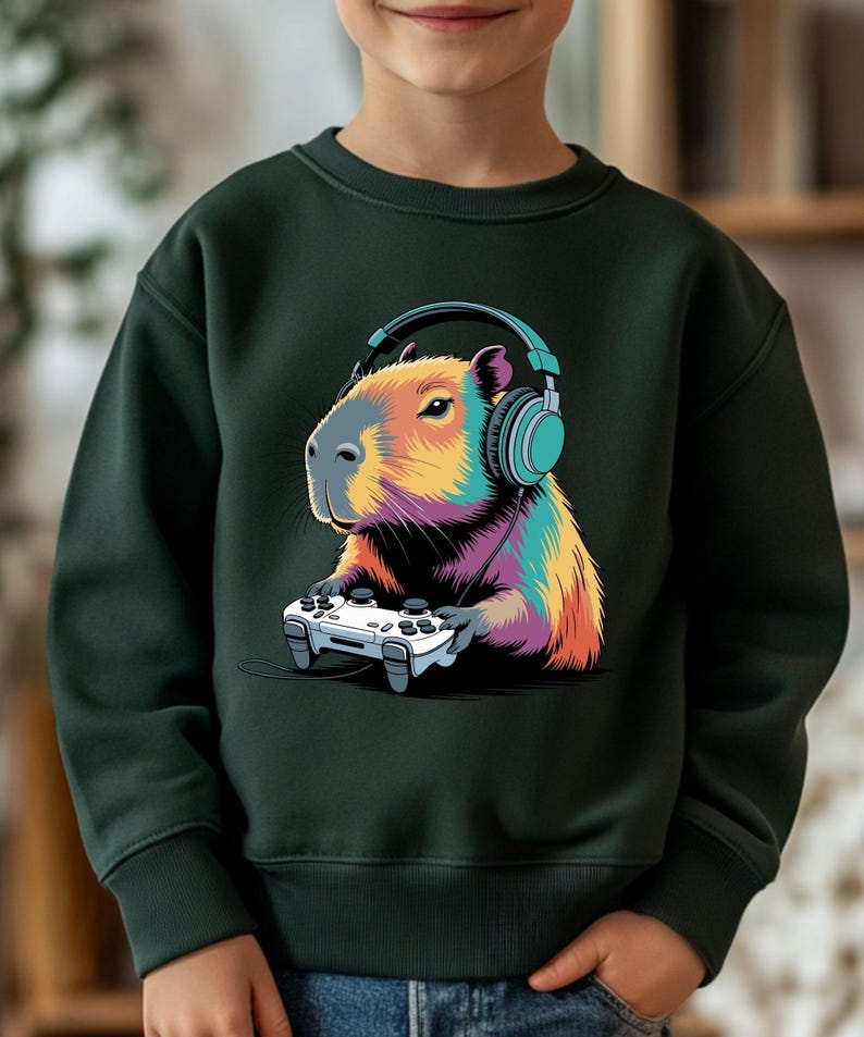 A child wearing a green sweatshirt with a colorful cartoon image of a capybara wearing headphones and holding a video game controller.