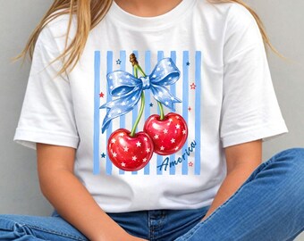 Patriotic Cherry Shirt for Girls, America Cherry Bow Tee, Fourth Of July Kids Shirt, Red White Blue Summer Outfit, Independence Day Shirt