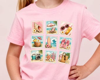 Camiseta de verano con estampados de playa para niñas, camiseta de vacaciones costeras, camiseta retro con collage playero, lindo conjunto de viaje de verano, camiseta para niños amantes del océano