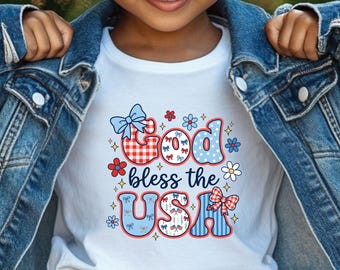 God Bless the USA Girls Shirt, Patriotic Kids Tee, 4th of July Outfit for Girls, Cute Red White Blue Shirt, Independence Day Kids Apparel