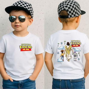 A young boy wearing a white t-shirt with a graphic design and a black and white checkered cap, along with sunglasses.