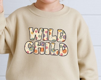 Retro Wild Child Shirt for Girls | Floral Boho Kids Tee | Cute Trendy Toddler Youth Graphic Shirt | Hippie Style Girls Apparel