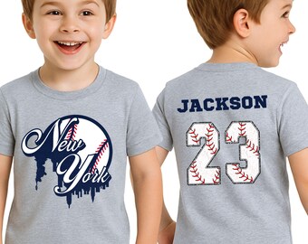 Personalized Kids New York Baseball Shirt, Custom Name Number Tee or Sweatshirt, Toddler Youth Baseball NY Fan Apparel
