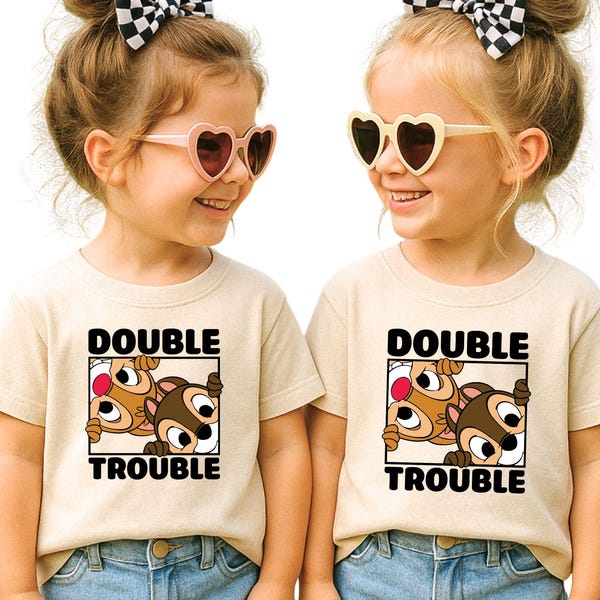 Disney Double Trouble Kids Shirt, Funny Sibling Tee, Cute Cartoon Twins T-Shirt, Matching Brother Sister Outfit (NOT A SET)