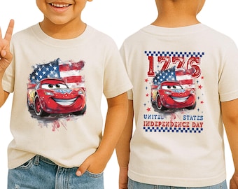Camiseta infantil con diseño de coche relámpago para el 4 de julio, camiseta patriótica para niños, camiseta con la bandera estadounidense y diseño de coche de carreras, conjunto para el Día de la Independencia, camiseta para niño pequeño.