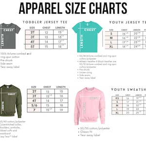 apparel size charts for a toddler jersey tee, youth jersey tee, and youth sweatshirts. The charts provide measurements for different sizes, including chest, waist, and length, along with corresponding fit sizes and corresponding t-shirt styles.