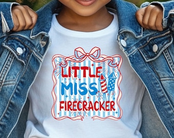 Little Miss Firecracker Kids Shirt, Patriotic Girl Tee, 4th of July Toddler Shirt, Red White Blue Kids Tee