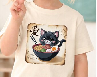 Cute Ramen Cat Shirt For Kids Kawaii Kitty Noodle Bowl Graphic Tee Japanese Food Lover Shirt Gift For Boys Girls
