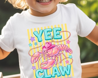 Yee Claw Kids Shirt, Cute Cowgirl Lobster Tee, Funny Western Summer Shirt for Girls, Coastal Cowgirl Kids Tee