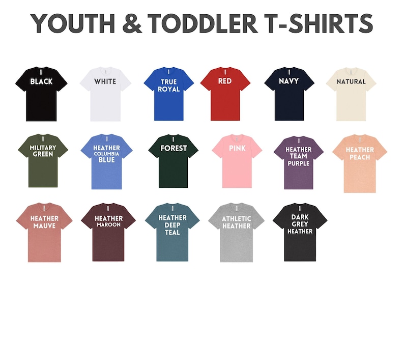 a collection of 16 different youth and toddler t-shirts, each with a unique color and design. The t-shirts are arranged in a grid format, with four rows and four columns. The t-shirts are labeled with various colors and styles, such as black, white, navy, natural, military green, forest blue, pink, peach, heather maroon, heather teal, athletic heather, dark grey, and grey.