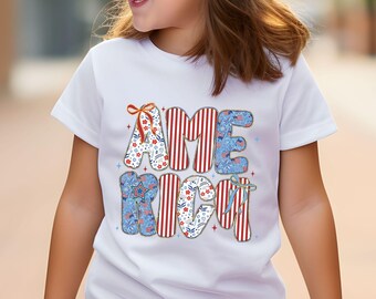 America Kids Shirt Patriotic Fourth of July Tee USA Flag Bow Independence Day Shirt Red White Blue Girls Tee