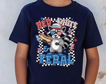 Red White & Feral Kids Shirt, Funny Patriotic Raccoon Tee, 4th of July Toddler Shirt, America Kids Outfit, USA Graphic Tee