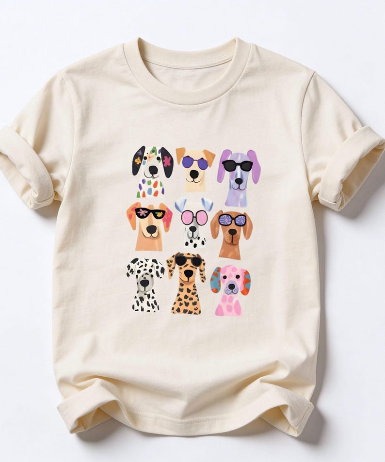 A white t-shirt with a graphic design of nine colorful dog faces wearing sunglasses.