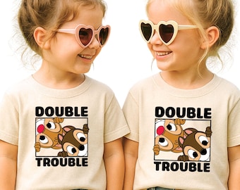 Disney Double Trouble Kids Shirt, Funny Sibling Tee, Cute Cartoon Twins T-Shirt, Matching Brother Sister Outfit, Playful Kids Graphic Tee