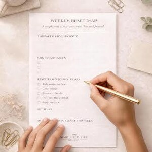 Peut inclure: Un planificateur hebdomadaire intitulé "WEEKLY RESET MAP" avec du texte et des cases à cocher. Une main écrit sur le planificateur avec un stylo doré. Une tasse de café et des trombones sont également visibles.