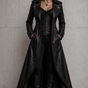 Women’s Gothic Leather Trench Coat | Steampunk Corset Long Black Overcoat