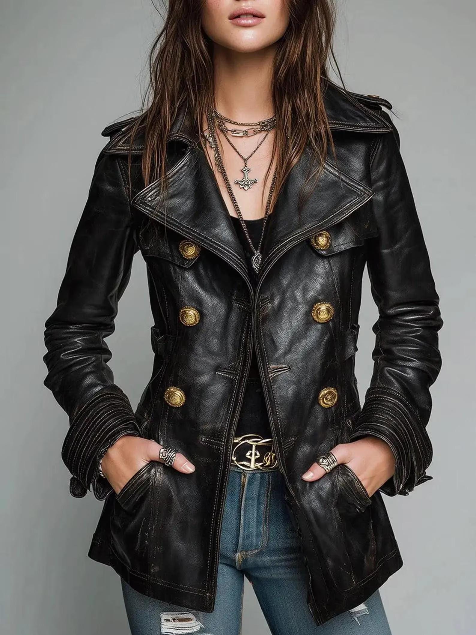 Women's Genuine Lambskin Leather Jacket Double-Breasted Black Vintage Coat with Gold Buttons