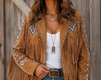 Handmade Suede Fringe Jacket: Boho Western Cowgirl Beaded Coat