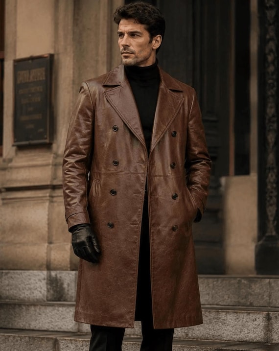 Men’s Luxury Leather Overcoat – Genuine Leather Trench Coat for Men – Old Money Inspired Long Leather Coat – Vintage Elegant Winter Fashion
