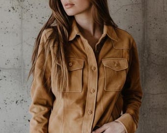 Women’s Camel Suede Shirt Jacket – Minimalist Button-Up Leather Look Overshirt, Modern Neutral Fall Jacket