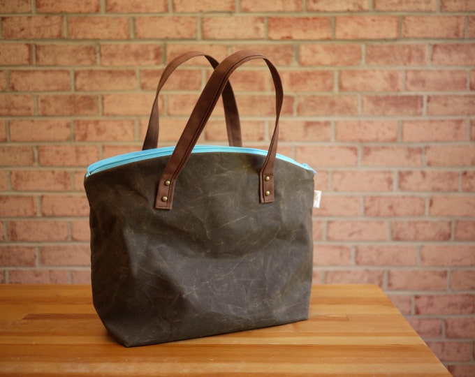 Waxed Canvas Zipper Tote in Olive Brown Medium Vegan Day Bag/ Back to