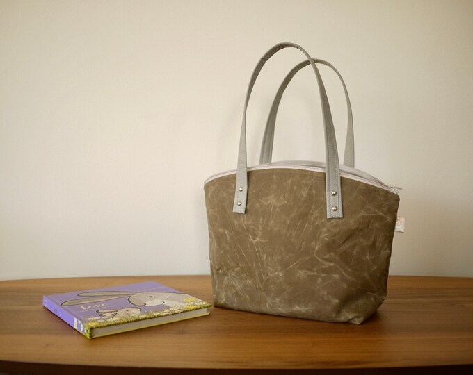 Waxed Canvas Zipper Tote in Taupe Vegan Day Bag Etsy