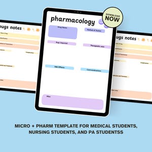 Puede incluir: Una tableta digital muestra una plantilla de farmacología con campos para nombres de medicamentos, efectos secundarios y usos terapéuticos. El texto "DESCARGAR AHORA" está en un círculo verde. El texto inferior dice "MICRO + PLANTILLA FARMACÉUTICA PARA ESTUDIANTES DE MEDICINA, ESTUDIANTES DE ENFERMERÍA Y ESTUDIANTES DE PA."
