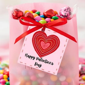 Könnte beinhalten: Eine rosa Papiertüte gefüllt mit bunten Süßigkeiten und Pralinen. Ein rotes Band ist um die Tüte gebunden und hält ein Etikett mit einem roten Herzdesign und dem Text "Happy Valentine's Day."