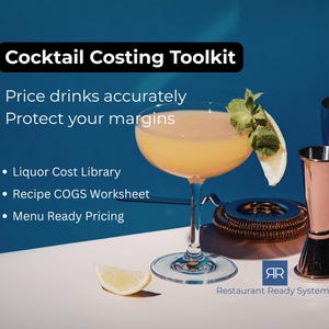 Hoja de cálculo de costos de cócteles / Calculadora de precios de recetas de barra para COGS y márgenes