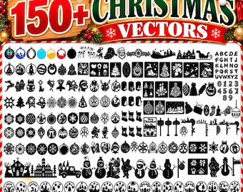 Pacote com mais de 150 vetores natalinos, incluindo enfeites, flocos de neve, árvores, Papai Noel, renas e decorações de inverno.