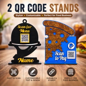 Könnte beinhalten: Zwei QR-Code-Aufsteller. Der linke Aufsteller ist schwarz, geformt wie eine Servierglocke in einer Hand, mit dem Text 'Scan for Menu' und einem QR-Code. Der rechte Aufsteller ist blau, geformt wie ein Pizzastück, mit 'Scan to Pay' und einem QR-Code.