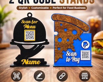 Laser Cut Pizza Slice Scan to Pay & Cloche Serving for Menu QR Code Stand