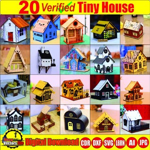 Op de afbeelding: Een raster van 20 miniatuur houten huizen, elk met unieke ontwerpen en kleuren. De huizen hebben verschillende architecturale stijlen, waaronder zadeldaken en balkons. De tekst bovenaan luidt "20 Verified Tiny House".