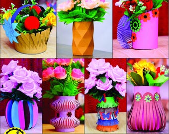 3D Papierblumenvase SVG Bundle, Origami Vase handgefertigt & Laser Cut Papierstrauß