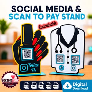 May include: Two custom display stands featuring social media and payment QR codes. One stand is shaped like a hand holding a nail polish bottle with red nails, the other is a white lab coat with a stethoscope. Both include social media icons.