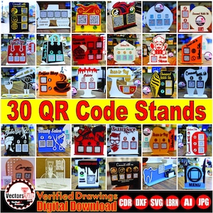 Può includere: Una collezione di 30 supporti per codici QR con vari design, tra cui icone di social media, grafiche a tema cibo e loghi aziendali. I supporti sono realizzati con diversi materiali e presentano codici QR per la scansione. Il testo "30 QR Code Stands" è ben visibile.