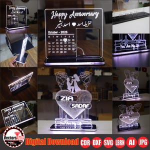 Może przedstawiać: Kolekcja podświetlanych akrylowych prezentów rocznicowych. Jeden z nich zawiera kalendarz na październik 2025 roku, a inne prezentują serca z imionami i frazą "You Are My Life". Prezenty są podświetlone delikatnym blaskiem.