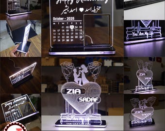 Personalisierte Laser Cut 3D Illusion Acryllampe Bundle | Paar Liebe Vorschlag & Jubiläum Fotorahmen