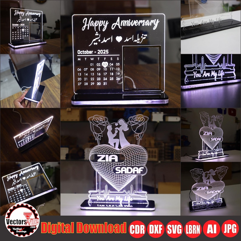 May include: A collection of illuminated acrylic anniversary gifts. One features a calendar for October 2025, while others display heart designs with names and the phrase "You Are My Life." The gifts are lit with a soft glow.