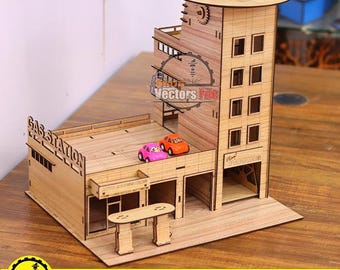 Spielzeug Tankstelle Laser geschnitten Datei, Spielzeugauto Parkgarage mit Hubschrauber Deck SVG
