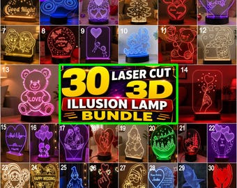 Pacote com 30 arquivos SVG para gravação a laser de luminárias de ilusão 3D e luzes noturnas de LED.