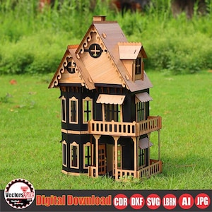 May include: A two-story wooden dollhouse with a black exterior and natural wood accents. The house features a balcony, multiple windows, and a detailed roof design. The image includes the text "Digital Download CDR DXF SVG LBRN AI JPG".