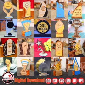 Może przedstawiać: Kolekcja różnych drewnianych trofeów i nagród, o zróżnicowanych wzorach i kształtach. Niektóre mają miejsce na imiona i logotypy, inne wyświetlają teksty takie jak "Best Leader" i "Top Star 2024".